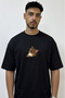Cat with Glasses Design Printed Oversize Black T-Shirt