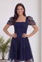 Women's Watermelon Sleeve Square Collar Embroidered Midi Length Tulle Dress Burgundy, Navy Blue, Indigo, Black - 4