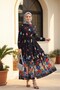 Floral Patterned Polycotton Dress with Elastic Sleeves and Half Buttons and Belt - Black - 3