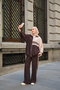 Women's Double Color Stripe Detail Double Pocket Elastic Waist Parachute Suit Brown - 2