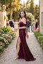 Women's Burgundy Boat Neck Tailed Long Promise Engagement Graduation Evening Dress - 5