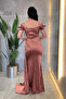 Satin Fabric Gathered Shawl Detailed Evening Dress - Pudra - 3