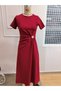 Women's Short Sleeve Round Neck Gathered Waist Buckle Detailed Midi Janjan Crepe Dress - 4