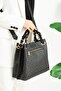 Women's Black Hand and Shoulder Bag with Monogram Print, Double Handle, Adjustable Strap, Gray - 2
