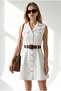 Women's White Belted Pocketed Mini Cotton Dress Elb-19002668 - 5