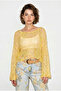 Women's Yellow Boat Neck Sequined Mesh Textured Bat Sleeve Crop Blouse 2765 60286345 - 3