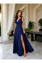 Monaco Women's Double-Breasted Collar Slit Long Evening Dress with Shoulder Tie Detail