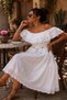 Women's White Imported Scallop Embroidered Madonna Collar Midi Dress with Belt Summer Dress - 4