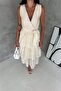 Women's Beige Double-Breasted Layered Belted Midi Dress Nbk4674 - 5