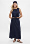 Women's Toby Tie-Up Blouse Elastic Waist Lined Skirt Woven Navy Blue Bottom-Top Set - 2