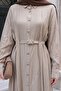 Belted Buttoned Light Beige Ferace Dress - 4