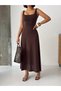 Crep Women's Square Neck Maxi Dress with Straps Sandy Fabric Flared Cut Brown Dress - 6