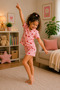 Girls Pajama Set with Strawberry Patterned Striped Shorts - 8