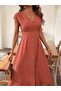 Women's Short Sleeve V-Neck Front Buttoned Midi Woven Viscose Dress - 2