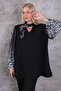 Plus Size Leopard Detailed V-Neck Pleated Long Sleeve Stylish Women's Tunic with Brooch Accessory