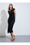 Black Ruched Midi Dress with Metal Decor - 3