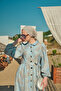 Women's Floral and Leaf Pattern Buttoned Waist Tie Linen Dress Light Blue - 3