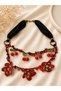 Authentic Rose Patterned Needlework Necklace with Natural Stone and Cherry Detail - 3