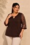Women's Plus Size Sleeve Patterned Tulle Collar Hollow Out Pearl Accessory Wide Three-Quarter Sleeve Stretchy Viscose Blouse - 6