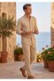 Beige Flared Linen Hakim Collar Breathable Shirt Elastic Waist 3 Pockets Comfortable Seasonal Trousers Set of 2 - 3