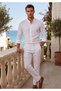 White Flared Linen Judge Collar Breathable Shirt Elastic Waist 3 Pockets Comfortable Seasonal Trousers Set of 2 - 4
