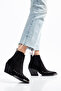 Black Matte Suede Flat Trok Detail Elastic Metal Toe Western Cowboy Short Ankle Boots - 5