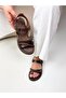 Women's Brown Knitted Strap Flat Sandals - 3