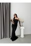Black Strapless Stone Embellished Underwire Lace Evening Dress with Gloves - 3