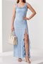 Baby Blue Lace Slit Detailed Dress - Stylish Dress with Ruffles and Open Back