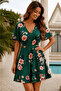 Women's Short Sleeve V-Neck Patterned Short Single Jersey Dress