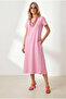Women's Pink Crew Neck Pocketed Modal Buttoned Flowy Dress Elb-19002666 - 2
