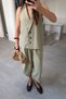 Linen Vest and Trousers Premium Set - Khaki - 4
