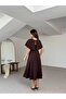 Women's Brown Square Neck Thick Strap Crepe Fabric Backless Cape with Elastic Closure Stone Detail Midi Length Evening Dress - 4