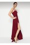 Women's Burgundy Strappy Long Evening Dress with Slit Detail – Stylish Event & Graduation Dress - 3