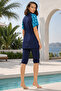 Crop Detailed Plus Size Semi-Closed Women's Swimsuit Set 3416-26 Navy Blue Turquoise - 4