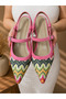Amore Linen Colorful Patterned Leather 3 cm Short Heel Strap Sandals Shoes - 3