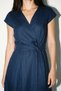 Navy Blue 100% Linen Dress with Collar and Shoulder Detail and Waist Tie Detail - 2
