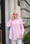 Women's Double Pocket Detail Hidden Button Self Patterned Linen Shirt Pink - 4
