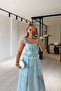 Crispy Floral Pattern Lace Detail Turquoise Blouse / Skirt Set - 4