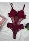 Burgundy Lace Tulle Detailed Snap Fastener Bodysuit - 7