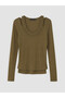 Brown U-Neck Double Layered Ribbed Blouse - 5