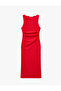 Slim Fit Wrinkled Fabric Drawstring Detailed Sleeveless Crew Neck Long Dress