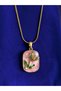 316L Steel Gold Color Chain Pink Enamel Pearl Flower Embroidered Portrait Model Women's Necklace - 3