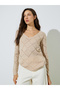 Beige Pointelle Diamond Pattern Knit Top - 3