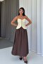 Elastic Waist Lined Women's Skirt - Brown - 2