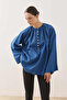 Crew Neck Linen Shirt Blue - 2