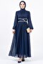 Navy Blue Stone Embellished Chiffon Evening Dress - Stylish Dress with Sparkling Fabric