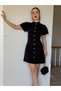 Full Button Closure Mini Dress in Black Color with Gold Buttons - 2