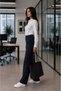 Frieda Navy Blue High Waist, Wide Leg, Special Production, Side Elastic Women's Fabric Trousers New Season - 2