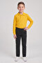 Boy's Bright Yellow Long Sleeve Polo Neck T-Shirt Black Ribbed Waist Canvas School Pants Bottom - Top Set School Outfit - 2